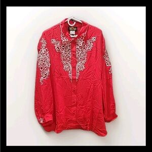 Bob Mackie Silk Top Two Piece Red Western White Embroidery Shirt 2XL Blouse